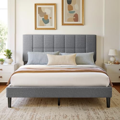 Image of Marsail Full Size Bed Frame with Headboard - Upholstered, Adjustable,6 inch-12 inch Mattress Fit, 1300 lbs Capacity, Sturdy 12-Leg Wood Construction, Easy Assembly, Dark Gray