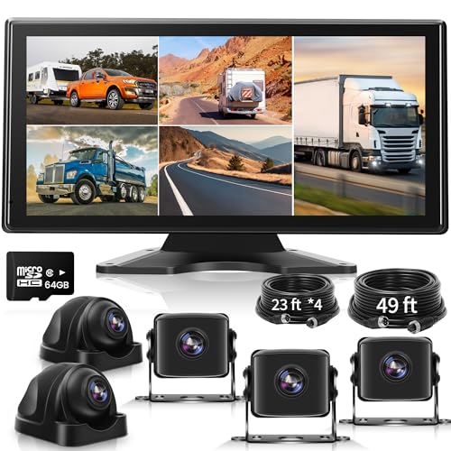 Image of 10.36 inch Wired Backup Camera System for Truck RV Trailer, 5 Channel Dash Cam with 5 1080P Camera, Touch Screen Monitor, No Delay Signal, DVR Loop Recording, Blind Spot Detection, IP69 Waterproof, 64GB