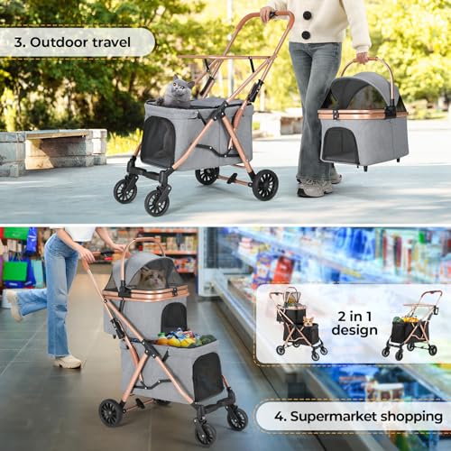 MAMIZO Doppelter Hundebuggy, Haustiere Buggy bis 15 kg, Faltbar 2 Etagen Hundewagen, Katzenbuggy für 2 Etagen mit 4 PCS verschleißfeste PU-Räderr, Hundebox Transporttasche, Grau