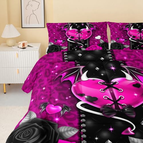 Image of QOOMO Pink Leopard Kids Bedding Set,Flowers Print Comforter Set Full Size for Boys Girls Teen Room Decorat,Soft Lightweight Bed Set All Season,1 Comforter 2 Pillowcases