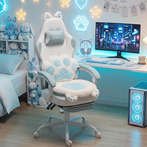 Dowinx Chaise de gaming ergonomique avec repose-pieds, motif pattes de chat, en tissu, design d'assise sans ailes, réglable, pour adultes