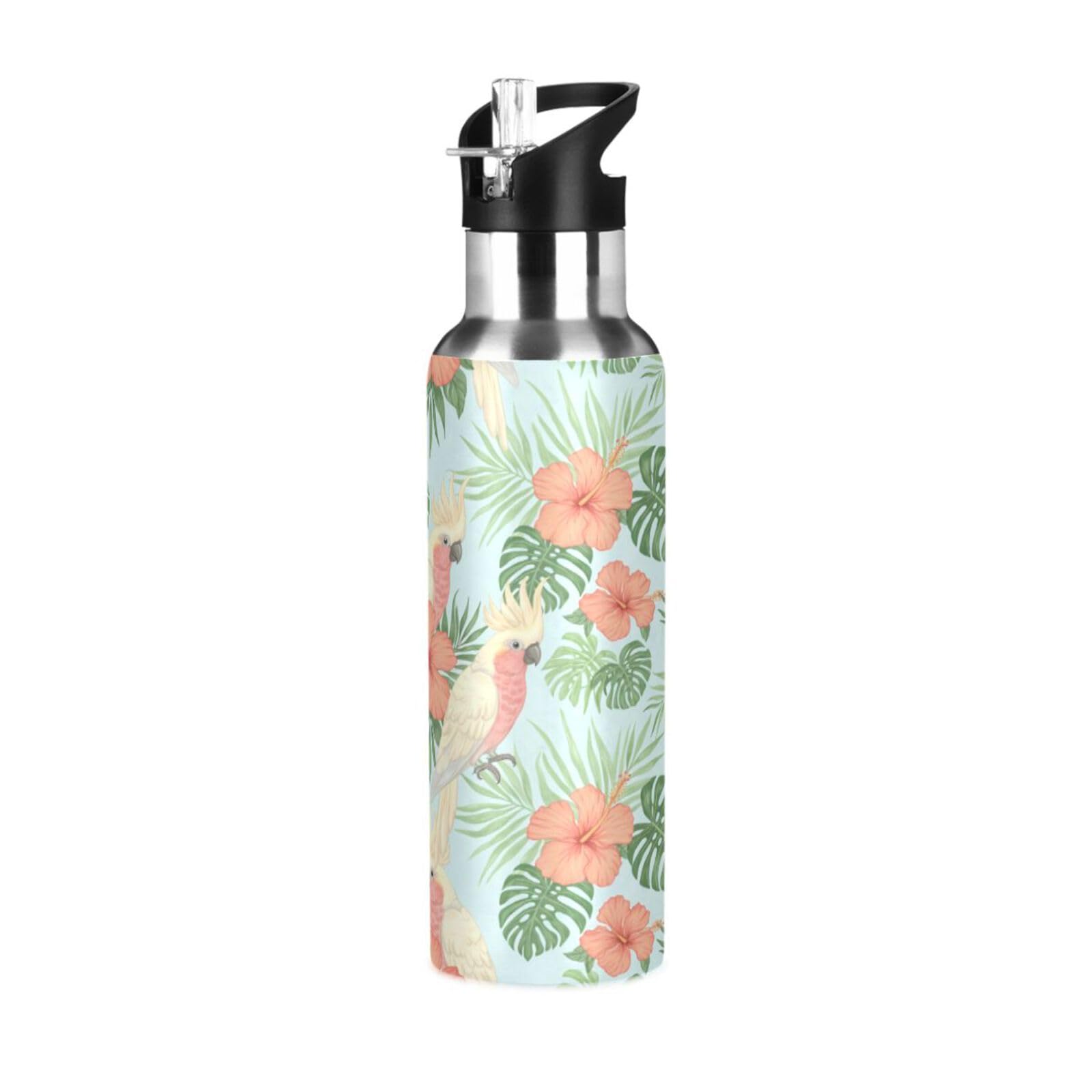 BOESI Cockatoo Hibiscus Pattern Insulated Water Bottle 600ml, Stainless Steel Vacuum Sports Bottle with Straw, Leak Proof Thermal Bottle for Gym Travel Outdoor