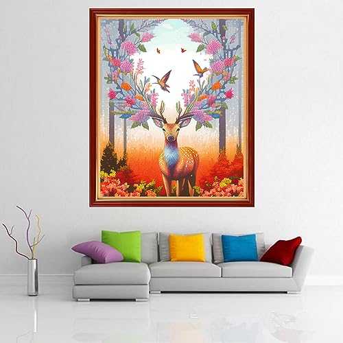 Image of Dimensean Stamped Cross Stitch Kits Full Range of Embroidery Patterns Starter Kits for Beginners Adult DIY Cross Stitches Needlepoint Kits 11CT-Colorful Flower Deer 15.7x19.7 inch