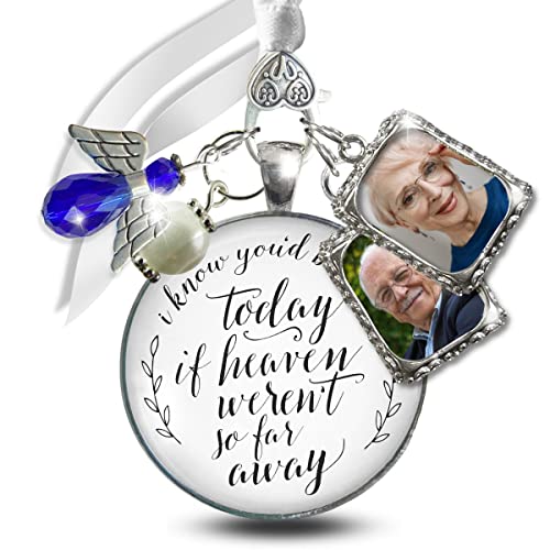 Image of Bouquet Photo Charm Wedding Memory Something Blue Angel - I Know You'd Be Here If Heaven Honor Love One, Silver Finish Handmade Bridal Jewelry White Glass Pendant 2 Frames Gift Message & Box for Bride