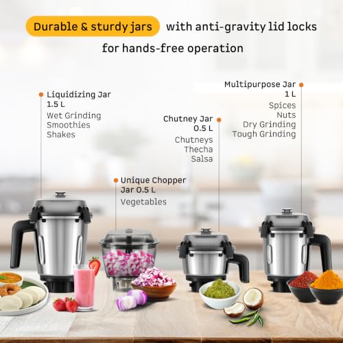 Image of Atomberg Zenova Mixer Grinder | Unique Coarse Mode for Silbatta-like Texture | Intelligent BLDC Motor | Safety Features | 4 Jars including Chopper | Hands-Free Operation (Olive Grove)