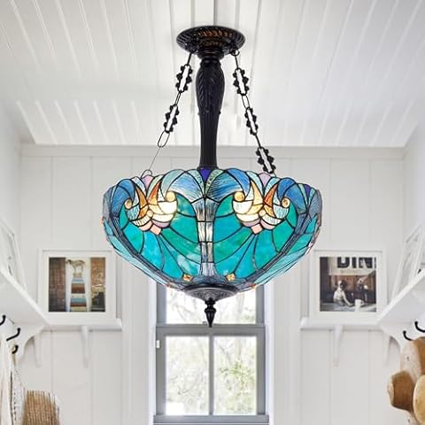 RuiWing Home Tiffany Chandelier, Stained Glass Tiffany Pendant Light Fixture 3-Lights 18 Inch Inverted Ceiling Pendant Lights for Bedroom Dining Living Room Entryway Foyer (Chandelier 16 Inch) Cover