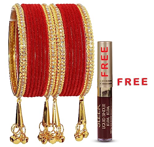 Image of NMII Metal with Zircon Gemstone and Velvet Studded Bells Latkan Bangles Set For Girls and Women I Latkan Bangles, Premium Bangle Bracelet Set I Pack of 16 Bangles