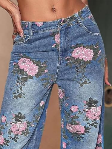 yoeasy Women's Wide Leg Jeans High Rise Straight Leg Boho Floral Printed Stretchy Baggy Boyfriend Casual Denim Pants2