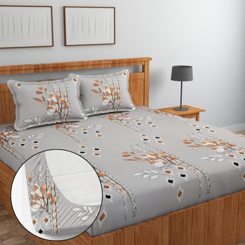 Image of Jashan Premium Glace Cotton All Round Elastic Fitted Bedsheets for Double Bed with 2 King Size Pillow Covers 160 TC Supersoft | Wrinkel Free Bed Cover Size - 72x78+10 inches