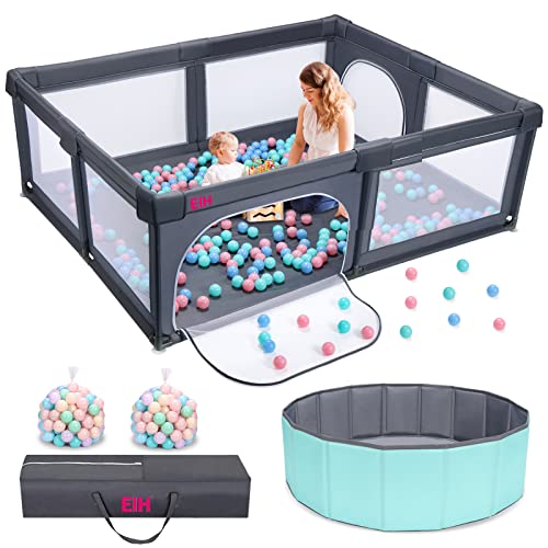Image of EIH 79 Inch x 59 Inch Large Baby Playpen with Ocean Ball Pit & 100PCS Balls Play Yard for Babies and Toddlers Indoor and Outdoor Kids Activity Center, Dark Grey