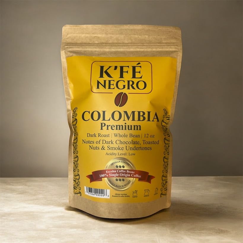 Miniatura 6 de K'FE Negro Premium Colombia Excelsa - Granos de café, grano entero tostado oscuro, origen único, 12 onzas