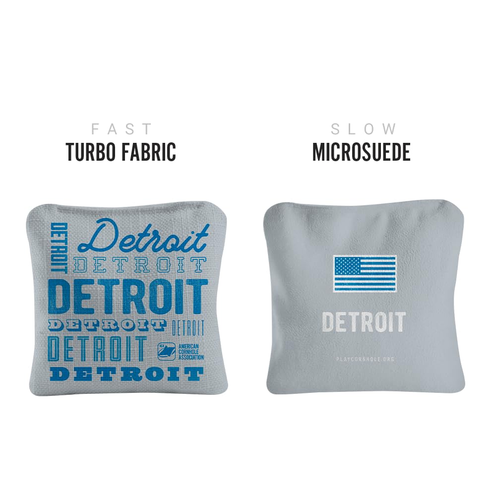 ACA Synergy Pro Dual Sided Cornhole Bags | Detroit Gray Design | Set of (4) All-Weather Resin Filled Stick & Slide Corn Hole Bags