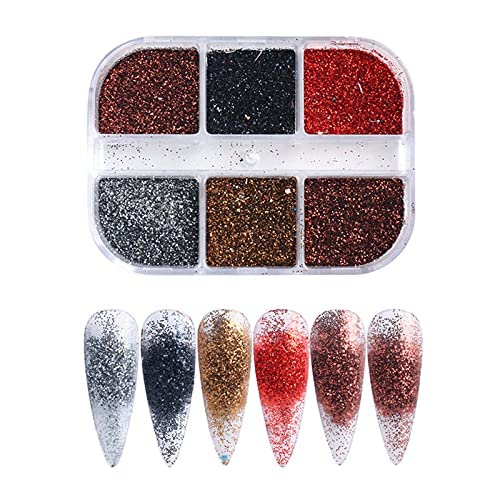 Nail Glitters, Holographic Nails Powder Metallic Shining Sequin Flakes Sparkly Nail Art Paillettes Dust Sequins for Crafts Body Glitter Face Glitter Art Supplies Glitter for Acrylic Nails (6 Grids)