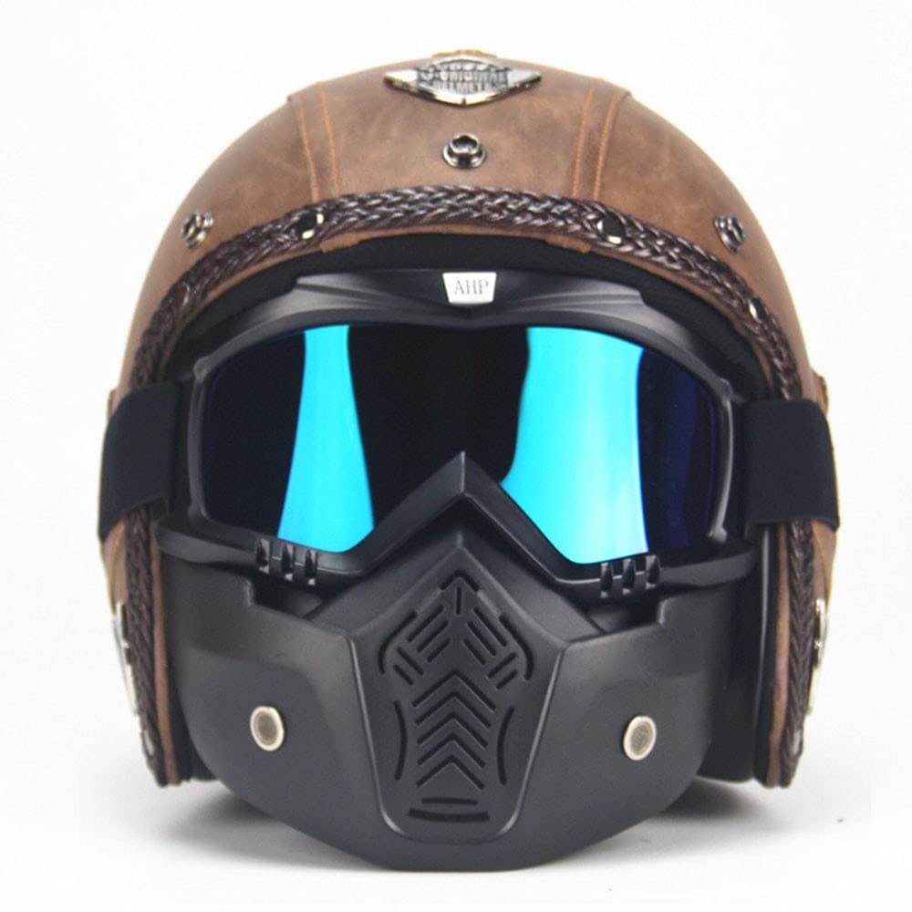 Cuir Casque Moto Jet Vintage Retro avec Lunettes et Masque, Unisexe 3/4 Moto Chopper Scooter Modulable Casque De Vélo, ECE Homologué en pour Casque De Moto Homme Et Femme - M~XXL