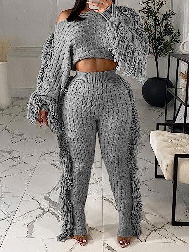 Image of KANSOON Sweater Sets for Women 2 Piece Outfits Knit Tassels Solid Color Long Sleeve Crop Sweaters Long Pants Sweatsuit