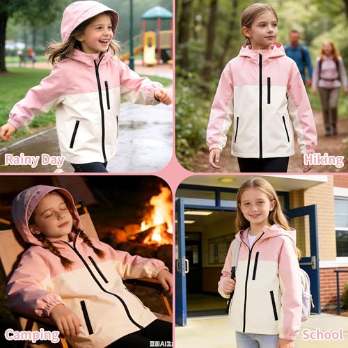 Hoseay Kinder Jacke Wasserdicht Winddicht Regenjacke mit Reflektierenden Streifen und Kapuze Leicht Windbreaker Mädchen Funktional Oberbekleidung Camping Alltag für Alter 13, Pink Weiß