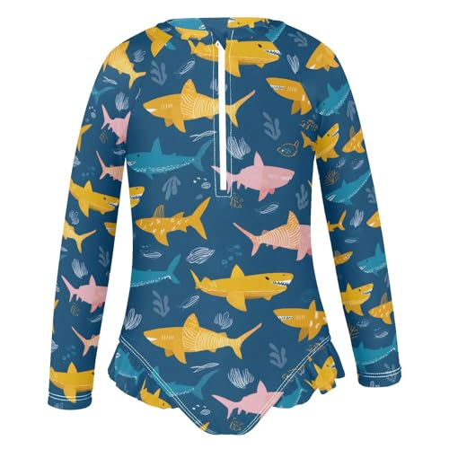 ALAZA Color Shark Coral Reef Girls One Piece Swimsuit Long Sleeve Rash Guard Swimsuits UV 50+ Swimwear Zipper2