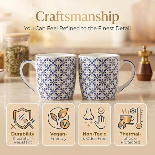 Image of U.P.C. Ceramic Coffee Tea Mugs Set of 6, White & Blue Geometric Print, Coffee Cups for Home & Office, Microwave & Dishwasher Safe Mugs, Stylish Drinking Cups for Tea, Coffee & Hot Beverages