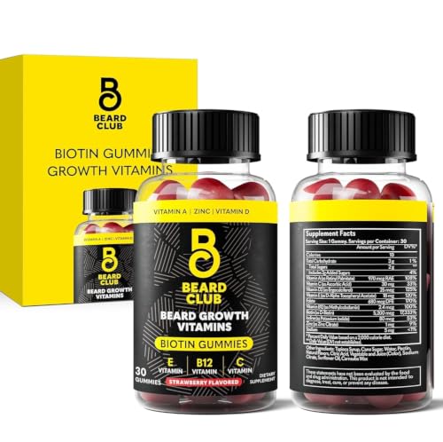 The Beard Club Biotin Beard Growth Vitamin Gummies - Hair Supplement for Men - Vitamins B12 E & C to Support a Thicker Fuller Looking Facial Hair - Strawberry Gummy