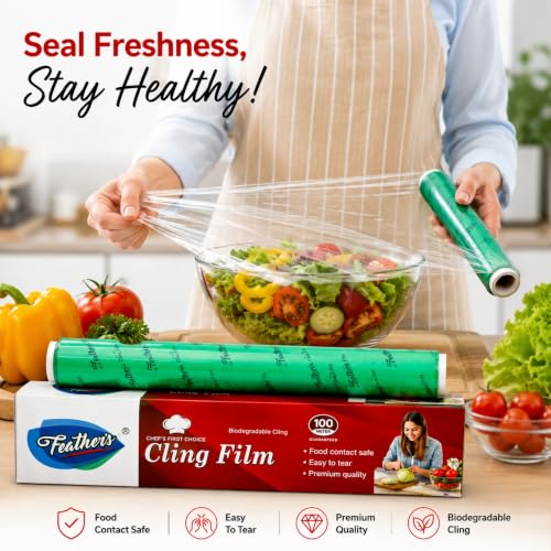Image of Feather's Cling Film Wrap Food Biodegradable Multipurpose Food Wrapper Non-Stick Microwave Safe (Pack of 2, 100m)