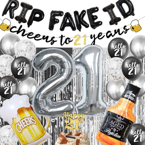 21st Birthday Decorations for Him, Black and Silver Happy 21th Bday Party Decor with Banner Balloons