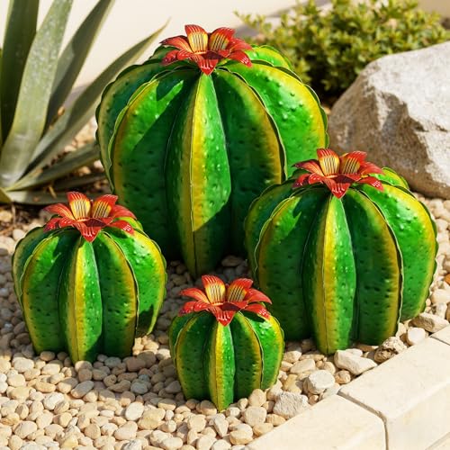 KODIBO Metal Cactus Yard Art 4-Pack Desert Steel Garden Decor Artificial Barrel Cactus with Flower Tops Weather-Resistant Garden Sculptures & Statues Outdoor Decorations for Patio Lawn Porch
