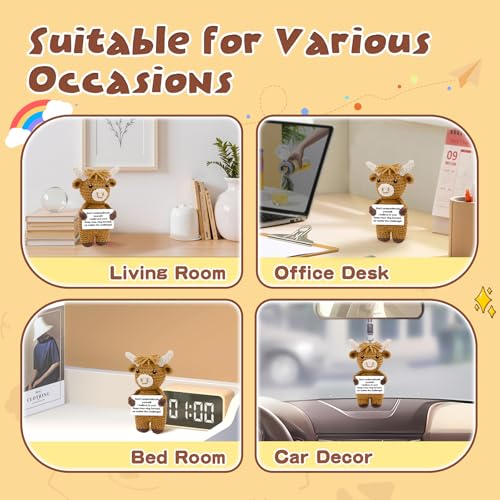 Image of Hoedia Emotional Handmade Highland Cow Crochet Figurines, Positive Crochet Animal & Self-Care Gifts for Women Men Inspirational Desk /Home Decor