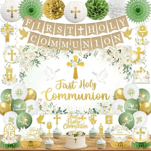 First Communion Decorations Sage Green Baptism Decorations includes First Holy Communion Banner Backdrop God Bless Hanging Swirls Balloons for Primera Comunion Decoracion Boys and Girls