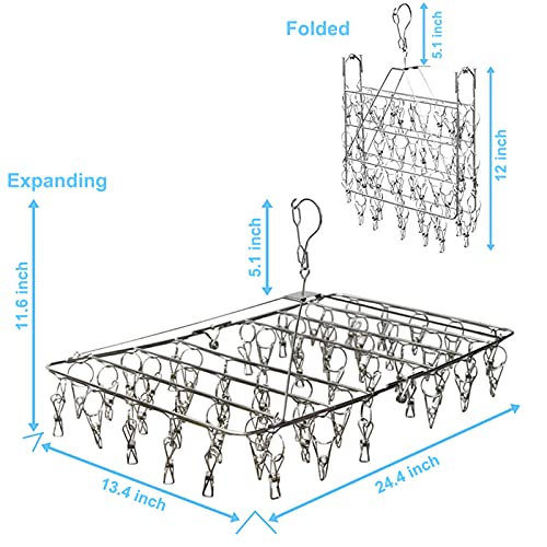 Seropy Clothes Drying Racks for Laundry Foldable 52 Clips Sock Hanger, Stainless Steel Clip and Drip Hanger Folding Clothes Hangers for Drying Socks, Bras, Towel, Underwear, Baby Clothes, 52+10 Pegs - Thumbnail 6
