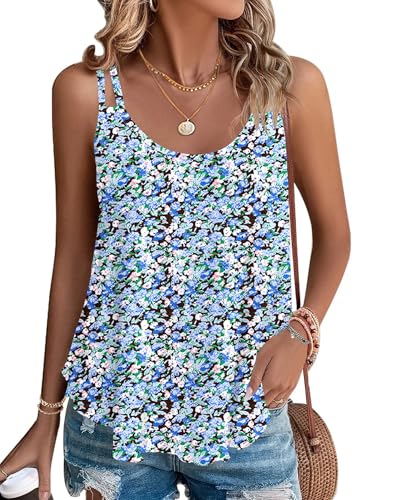 WNEEDU Damen Tank Tops Sommer Spaghetti Cami Oberteile Ärmellose Rundhalsausschnitt Blusen Top Shirts