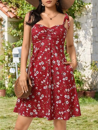Image of OURIN Women's Spring Sweetheart Neckline Tie Strap Summer Sundresses Sleeveless Mini Dress with Pockets