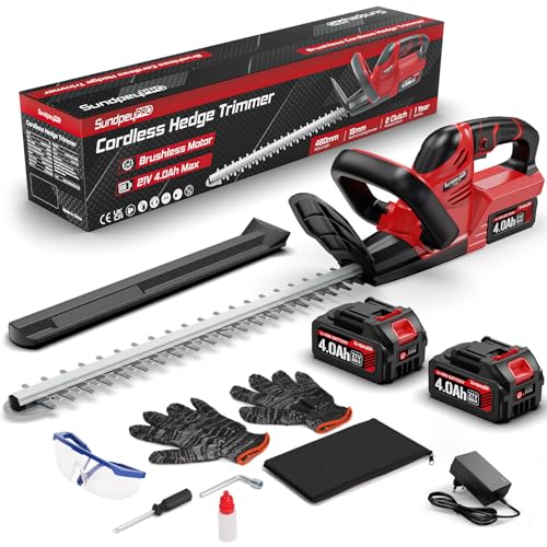 SundpeyPRO Akku Heckenschere 21V - Bürstenlos Elektrische Heckenschere mit 2 x 4,0Ah Akkus und Ladegerät, 52cm Schnittlänge, 15,5mm Zahnabstand, 600W Heckenschneider für Garten, Sträucher, Hohe Hecken