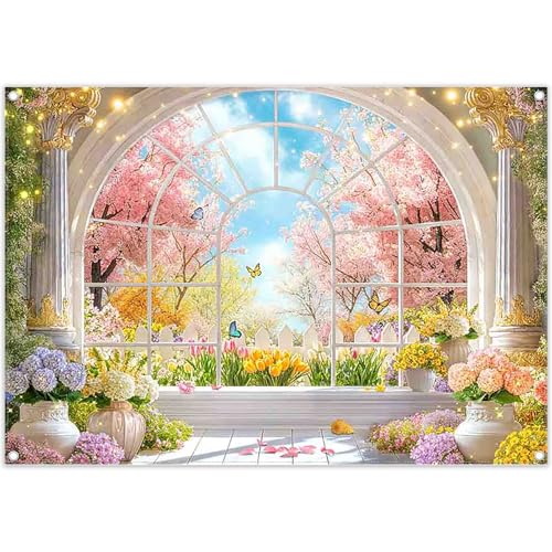 Luminora 2,1x1,5m Fondo de Primavera con Escena romántica de jardín y Ventana, con Flores de Cerezo, Tulipanes y Bosque, para decoración de Bodas y cumpleaños, Pancarta fotográfica.