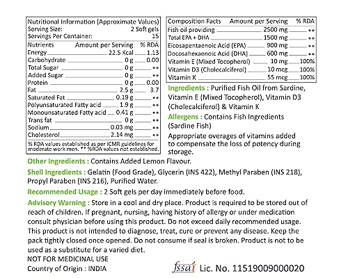 Image of Muscle Nectar (MN) Omega 3 Fish Oil Triple Strength 2500mg for Men & Women - Molecularly Distilled (1500mg EPA /DHA) (30 Soft gels)