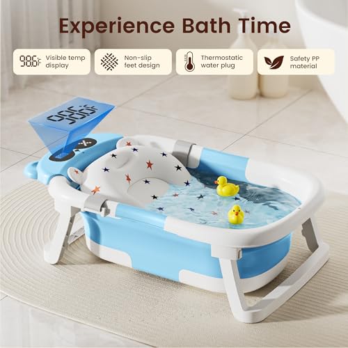 Image of Baby Bathtub,Foldable Baby Bath Tub for Newborn to Toddler (0-18 Months) - Collapsible Infant Tub for Travel with Thermometer, Soft Cushion,Blue