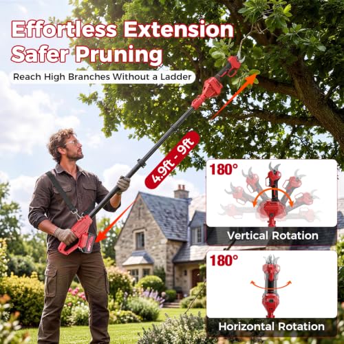 Image of 2-in-1 Electric Pruning Shears Cordless with Pole, 2.4 inch Cutting Diameter Pole Pruning Shears, Brushless Motor, Extra Blade, 2 * 4Ah Batteries, 9Ft Reach, 2 Modes Pruning Shears for Tree Flower