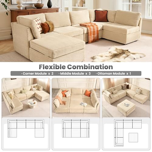 Image of ovios Modular Sectional Sofa Couch with Sofa Bed L-Shape Chaise, Comfy Plush Corduroy Cloud Couches, Modern Luxury Deep Seat Sofas Set for Living Room, 6-Seater, Beige