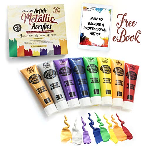 Metallic Acrylic Paint Set by Lotus Art Supply - Professional 2 OZ Tubes and Palette of 8 Bright, Opaque, Heavy Body Colors - Painting Supplies for Artists, Canvas, Brushes, Fabric, Adults, and Kids