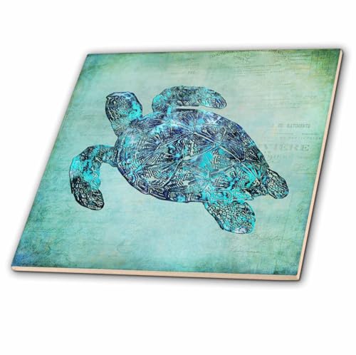 3dRose Sea Turtle Mixed Media Illustration 6 inches Decorative Tiles, Clear