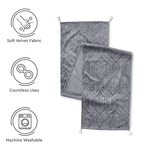 Image of Encasa XO 8 Seater Dining Embossed Velvet Table Runner | Size 32x240 cm | Grey Color with Premium Polyester - Machine Washable
