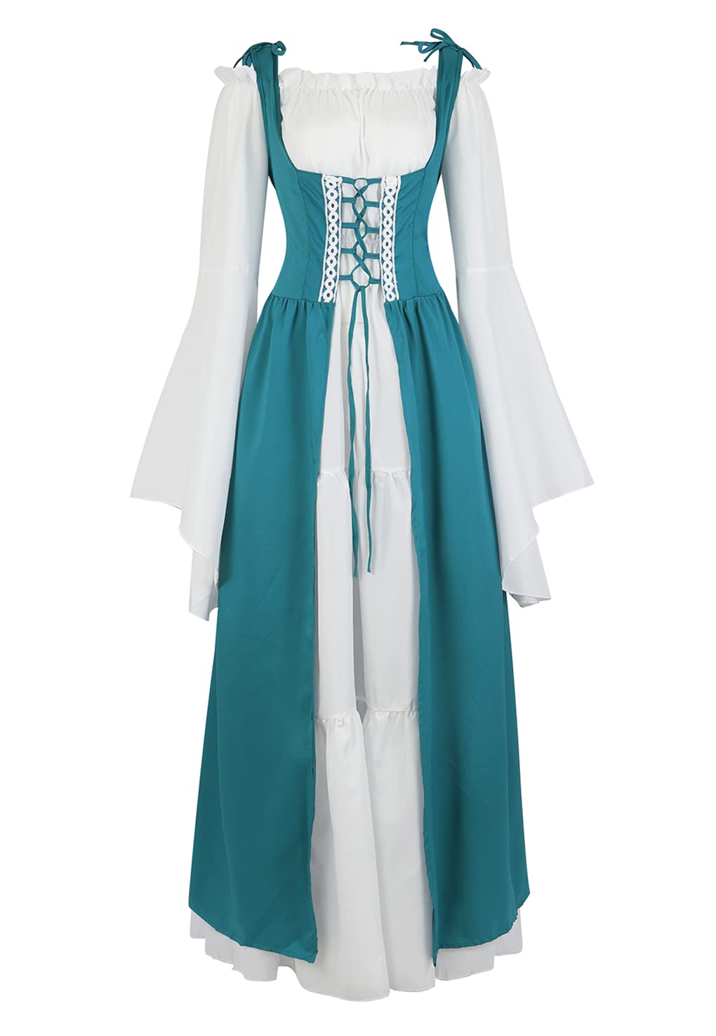 Womens Renaissance Dress Costume with Bell Sleeves and Lace Up Front