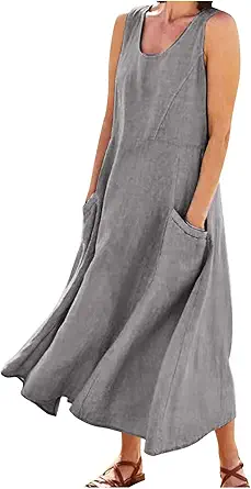 Plus Size Cotton Linen Summer Dresses for Curvy Women 2025 Sleeveless Maxi Vacation Beach Sundresses with Pockets