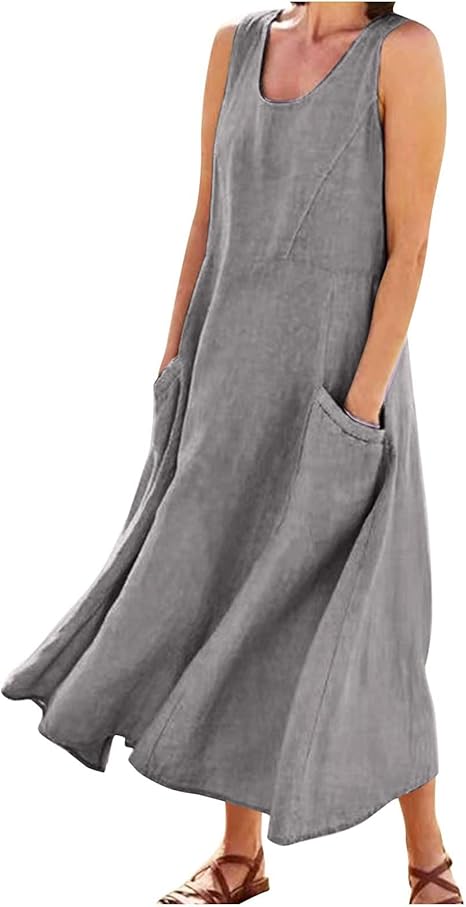 Plus Size Cotton Linen Summer Dresses for Curvy Women 2025 Sleeveless Maxi Vacation Beach Sundresses with Pockets