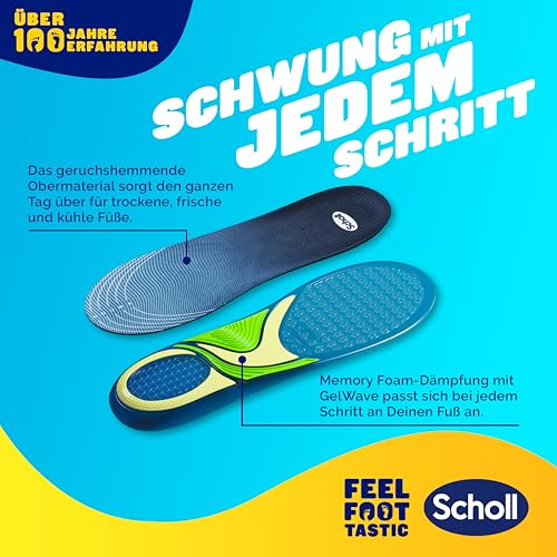 Scholl GelActiv Sport-Einlegesohlen für Männer, Ganztägig komfortable Laufschuheinlegesohlen für frische und kühle Füße, super Stoßdämpfung und Federung mit GelWave-Technologie, Größe 40 - 46,5