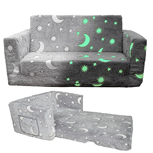 Truwelby Glow in The Dark Chairs Children's Extra Wide Convertible Sofa to Lounger - Extra Soft 2 Seats 2 in 1 Flip Open Sleeper Couch for Toddler Kids Girls Boys