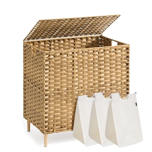 SONGMICS 3-Section Laundry Hamper with Lid, 42.2 Gal (160L) PE Rattan Laundry Basket with Removable Washable Liners, for Bedroom & Living Room, Goose Yellow ULCB223YE01