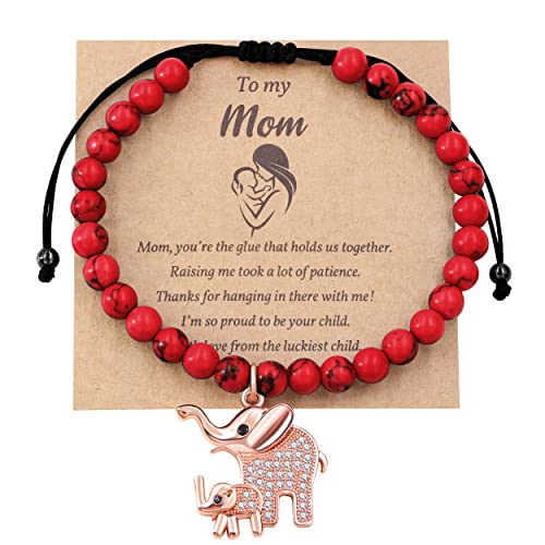 Image of Matte Agate Black Onyx /Turquoise Beads Bracelet, Good Luck Mom and Baby Elephant Bracelet, To My Mom Bracelet Gifts for Mothers Day from Daughter