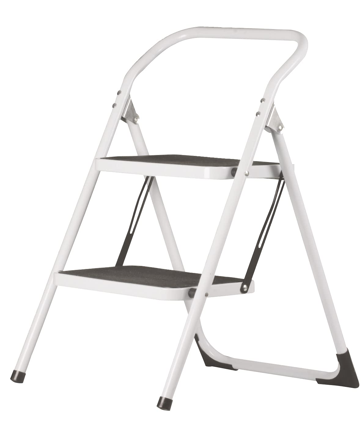 Amig - Escalera Plegable de 2 peldaños - Taburete Plegable - Medidas: 77 x 59 x 48 cm - Taburete con Dos escalones Antideslizantes - Peso máximo 150 kg - Acero - Blanco y Negro