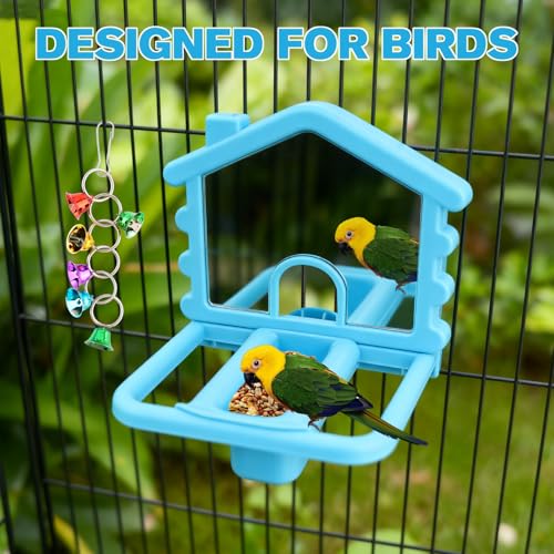 Image of 3 in 1 Bird Mirror with Perch Stand,Parrot Mirror for Cage,Bird Swing Toys for Cockatiels,Lovebirds,Conures,Parakeets-Helps Birds Release Stress (Blue)
