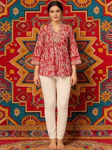 Image of Lymio Women's Printed Short Kurti Top | Rayon Mandarin Collar Casual Ethnic Tunic | Summer Printed Top (K-249)